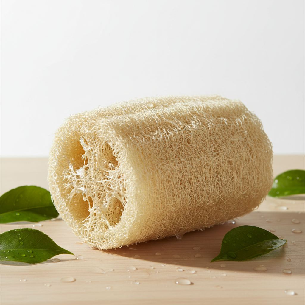 Éponge de luffa naturelle sur bois clair avec feuilles vertes