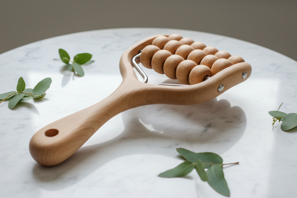 Rouleau de massage en bois naturel courbé sur marbre blanc avec feuilles d'eucalyptus