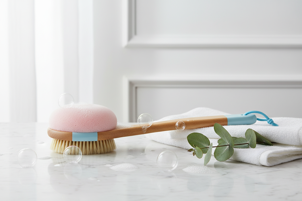Brosse de bain douce en luffa et poils avec manche long courbé, en rose et bleu ciel, sur marbre blanc avec eucalyptus