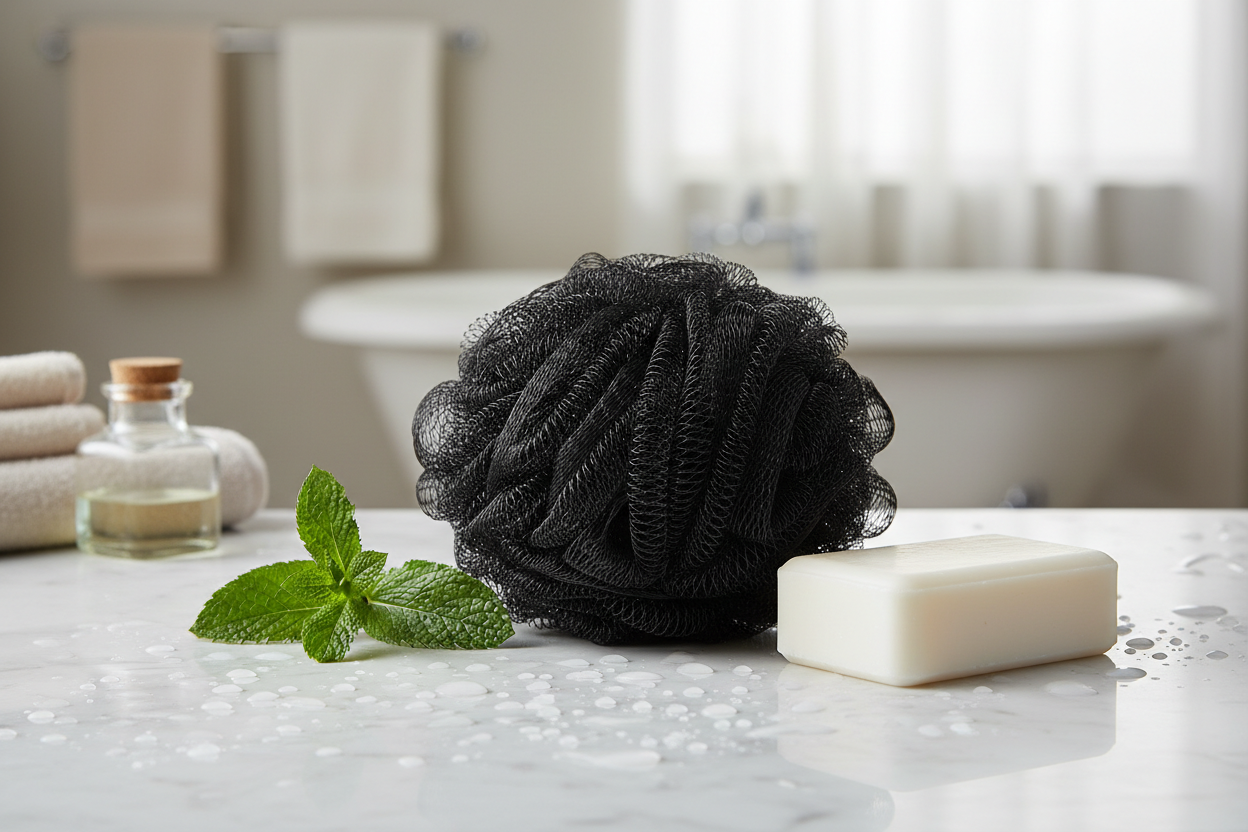 Brosse exfoliante en nylon grille noire sur marbre blanc avec feuilles de menthe et savon blanc