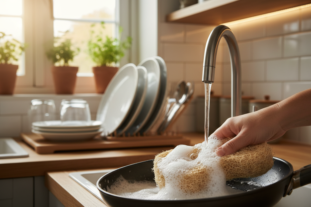 Éponge de luffa naturelle en utilisation dans une cuisine moderne
